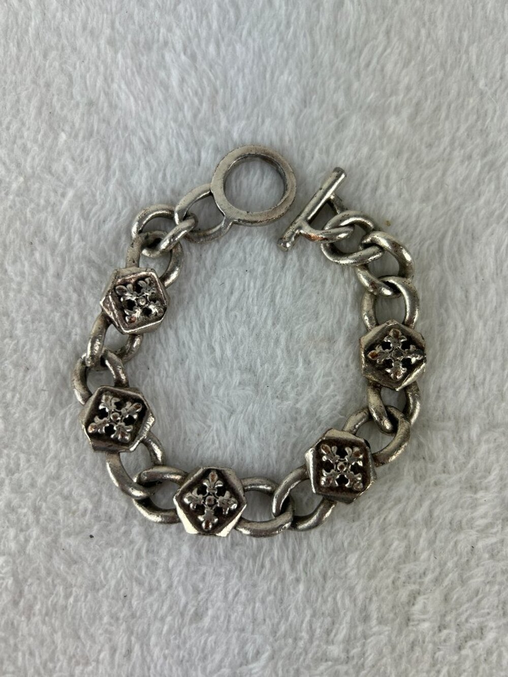 Fleur De Lis Crosst Vintage Guess Silver chunky Bracelet-Unique Antique Bracelet